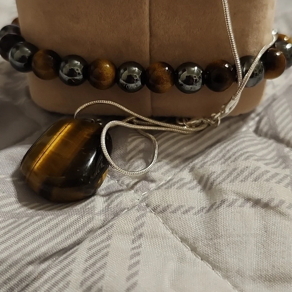 2pc .925 Silvery Chain W- Natural Tiger's Eye Quartz Pendant & Handmade Bracelet